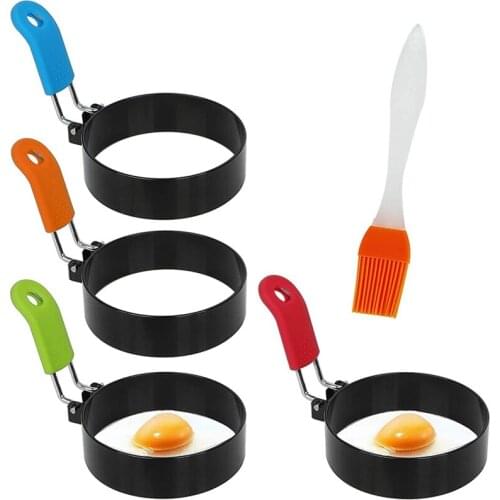 Egg Rings,4Pcs Stainless Steel Egg Rings Non Stick Set with Folding Handle,Cooking Tool Suitable for Fried Eggs,Pancakes
