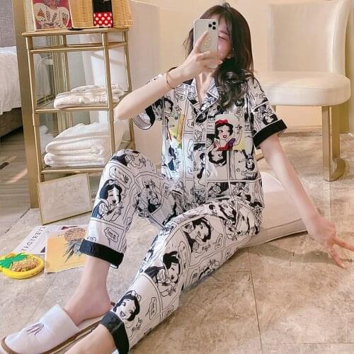 2020 Summer Autumn Comic Print Short Sleeve Long Pants Pajama Sets for Women Sleepwear Suit Pyjama Homewear Pijama Mujer Clothes