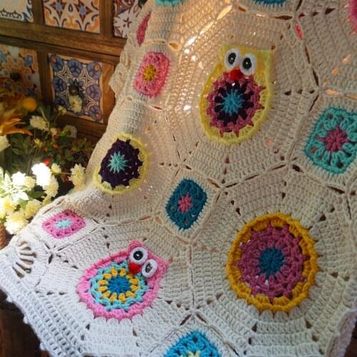 Handmade white owl cartoon original fashion crochet afghan blanket cushion felt pastoral style gift granny square