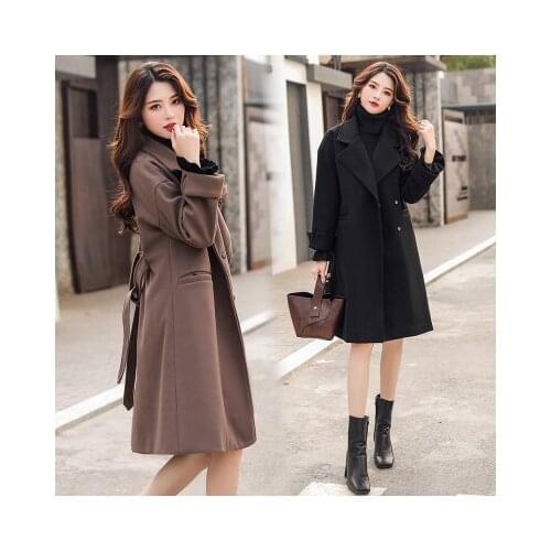 Autumn Women Middle Long Korean Woolen Coat Students Belt Wide-waisted Office Lady Long Coats For Winter For Women Black Coffee