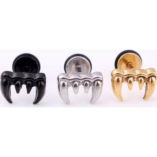 2 pieces Punk Tooth Stainless Steel Stud Earring Men Bite Fangs Vampire Teeth stud earing Tragus Ear Piercing Body Jewelry Black