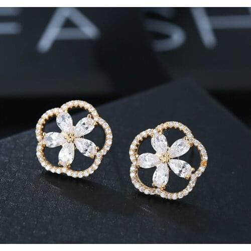 DE298 Street Style Temperament Copper Zircon Geometric Flower Stud Earrings Girls Gift Evening Woman Jewelry Stud Earrings