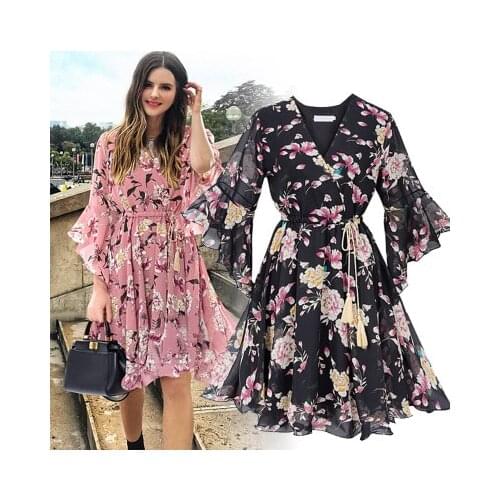 Chiffon High Elastic Waist Party Dress Bow A-line Women Butterfly Sleeve Flower Print Floral Boho Dress Female Vestido Plus Size