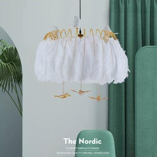 Unique White Feather E27 Led Pendant Light Plate Gold Round Bedroom Led Hanging Lamp Suspend Light Fixture Led Luminarias