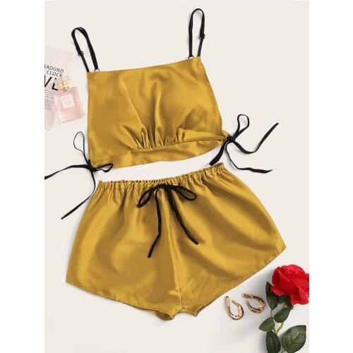 Women Satin Lace Silk Print Camisole Shorts Bow Set Sleepwear Pajamas Lingerie heart shape Dot print pajamas set home clothes