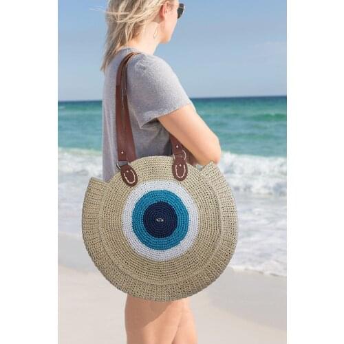 Women Hand-Knitted Evil Eye From Shoulder Leather Shoulder Straw Beach Bag-Straw Bag-Pool Bag-Handmade trendy Bag