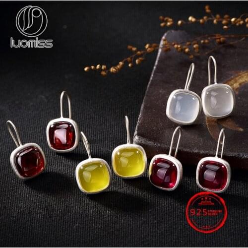 BITWBI Genuine 100% 990 Sterling Silver Retro Simple Natural Chalcedony Crystal Woman Earring Jewelry Fine Gift