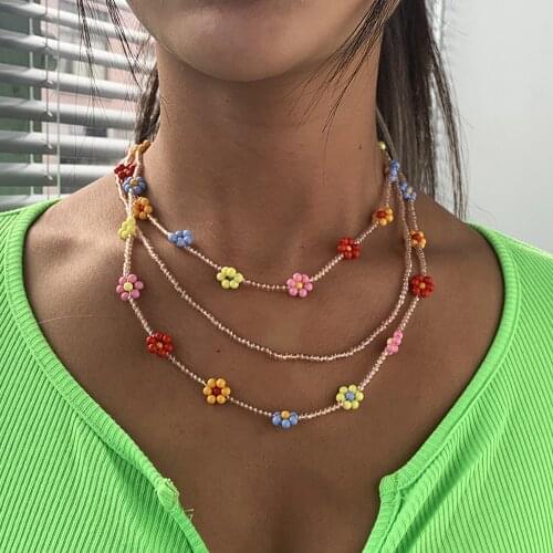 2021 Bohemian Multilayer Bead Daisy Flower Necklace For Women New Rainbow Summer Statement Necklace Girl Party Jewelry Gifts