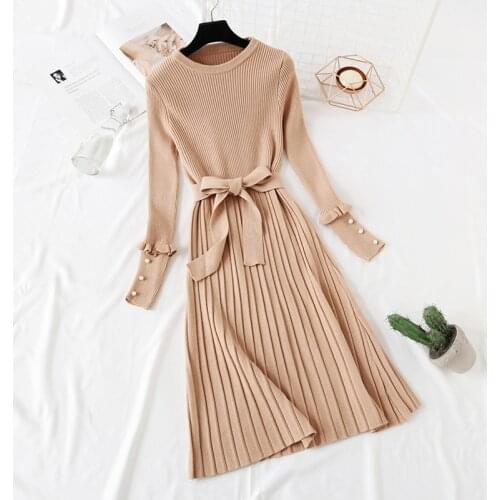 Knitted Dress Women Autumn Winter French Retro Petal Sleeve Sweater Bottoming Dresses Waist Slimming Temperament Vestidos A920
