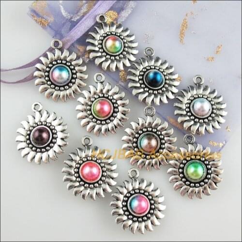10 New Sunflower Charms Mixed Acrylic Round Pendants Tibetan Silver Tone 20x24mm
