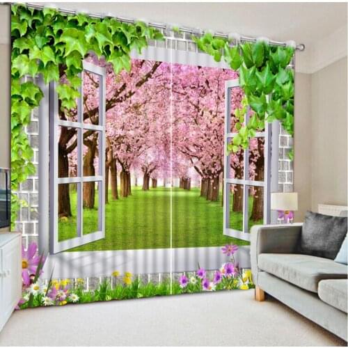 3D Curtain Home Bedroom Decoration Flowers, Window, Cherry Blossom Blackout Curtain Fabric 3D Photo Window Curtains