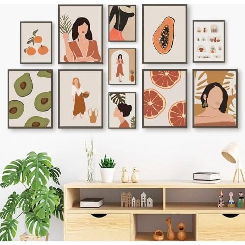 Abstract Orange Girl Nordic Posters Bottle Avocado Monstera Wall Art Canvas Painting Wall Pictures For Home Living Room Decor