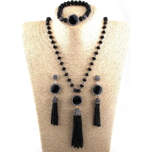 Free Shipping Fashion Bohemian Jewelry Set Black Crystal Rosary Chain Link Crystal Tassel Necklace Bracelet Earring Sets
