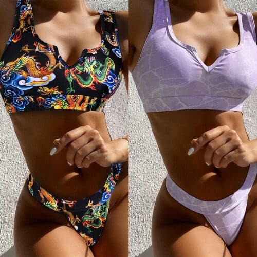 Hot Purple Print V-Neck Elastic Slim Sling Beach Swimsuit Women Sexy High-Waist Wide-Brim Split Quick-Dry Light Bikini Swimwear