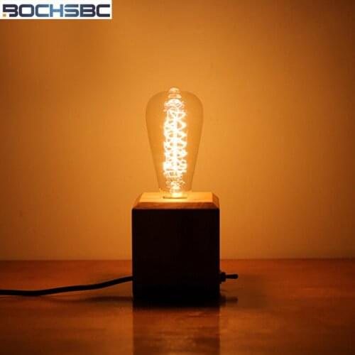 BOCHSBC Art Wooden Table Lights Dimmer Switch Desk Lamp for Bedroom Living Room Loft Lamp with E27 Edison Bulb Cafe Lampara