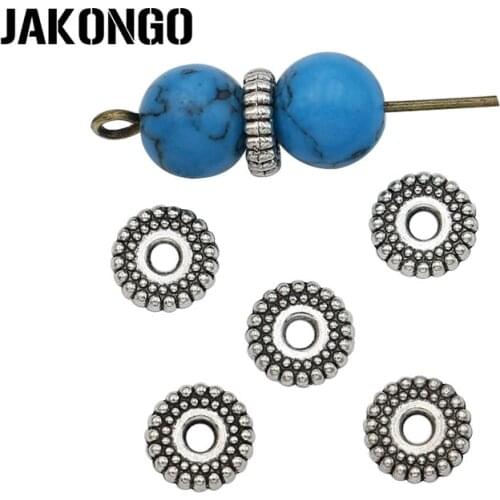 JAKONGO 20pcs Antique Silver Round Spacer Beads for Jewelry Making Bracelet Accessories DIY Handmade Craft 7.5x2mm