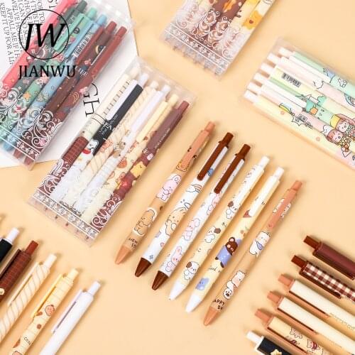 JIANWU 6 Pcs/Set Cute Cartoon Gel Pen Kawaii Stationery 0.5mm Black Ink Retractable Press Writing Ballpoint Pen School Supplies