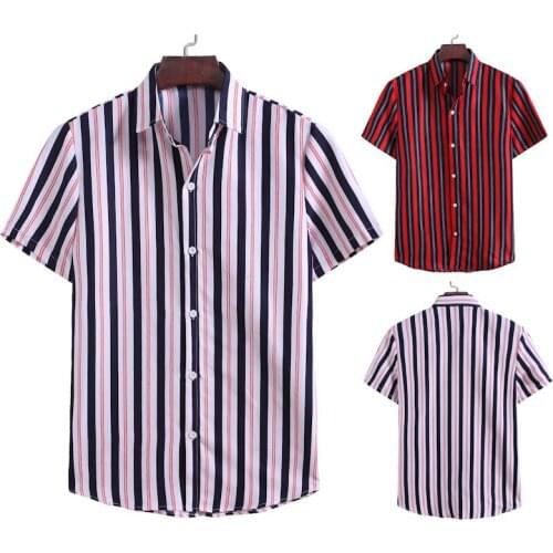 Wholesale Plus Size Men Summer Casual Button Down Vertical Striped Short Sleeve Shirt