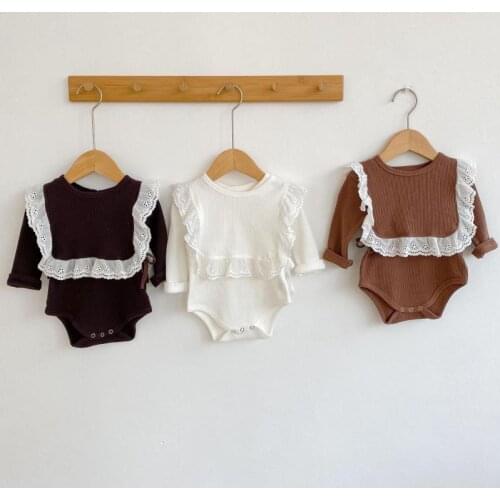 2021 Autumn New Baby Girl Long Bodysuit With Lace Bib Vest Cotton 2pcs Newborn Clothes Set Toddler Jumpsuit Outfits
