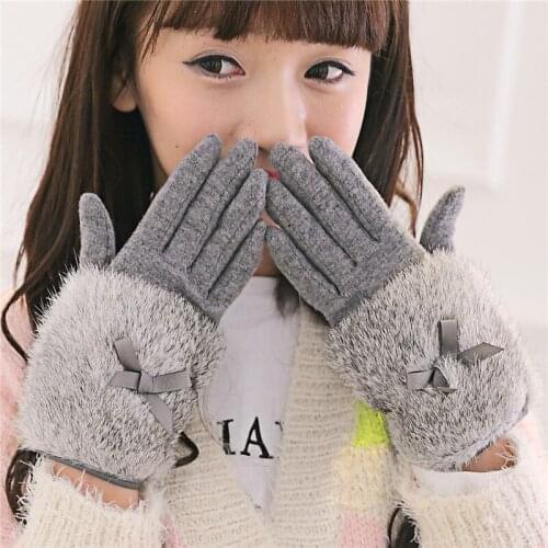 Autumn Winter Ladies Cashmere Gloves Female Bow Tie Rabbit Fur Wool Mitten Gloves Sweet Elegant All Match Women Grey Gloves