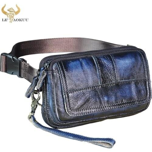 Brand Natural Leather men Casual Retro Blue Travel Clutch Fanny Waist Belt Bag Chest Sling Bag Design Phone Cigarette Pouch 341