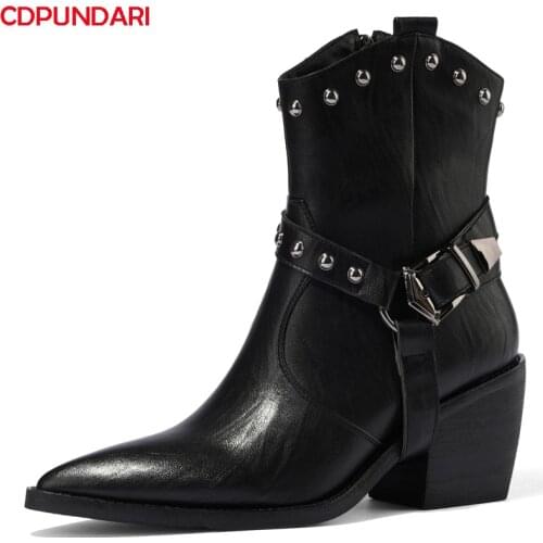 Pointed Toe High Heels Western Cowboy Boots For Women Ankle Short Boots Ladies Spring Autumn Rivet Punk Shoes Bottines Femme