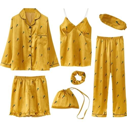 Carrot 7 Pieces Womens Pajamas Suits Sleepwear Satin Pajamas Sets Long Sleeve Homewear Women Sleepwear Faux Silk Pajamas Suit