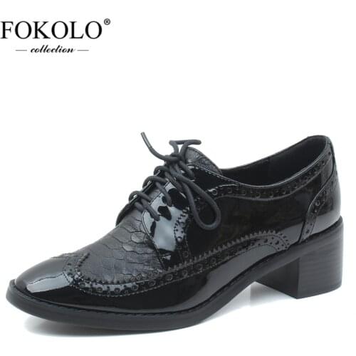 FOKOLO Casual Shoes Women Patent Leather Sewing Round Toe Lace-Up Brogue Shoes Rubber Sole Handmade Spring New Ladies Flats P10