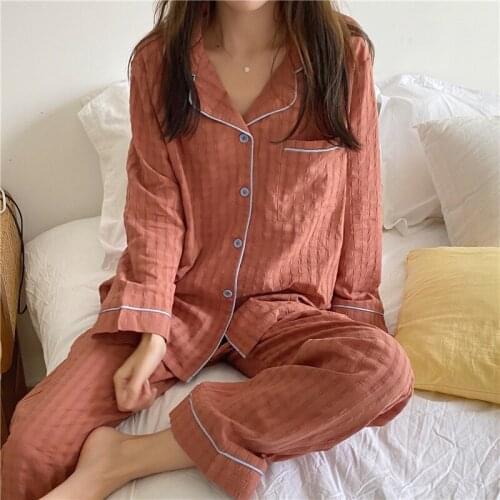 Suit Women Autumn New Sleep Lounge Pajama Long Sleeve Top + Long Pant Woman Pajama Set Solid Color Pyjamas Cotton Sleepwear