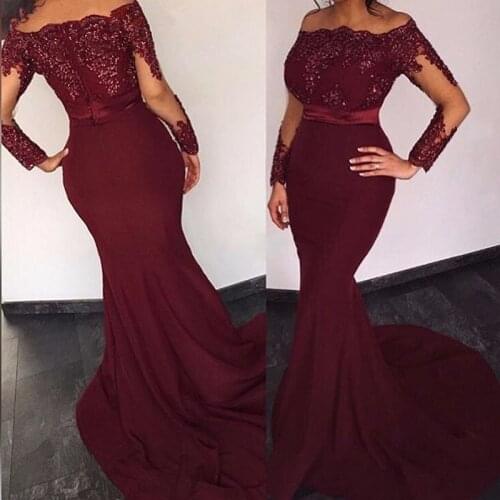 Elegant Burgundy Long Sleeve Mermaid Evening Dress Party Beaded Women Prom Formal Dresses Gowns Dresses 2016 robe de soiree