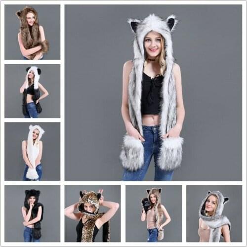 Cartoon Animal Hooded Cap With Packet Plush Beanie Fleece Winter Warm Fluffy Earmuff Hat