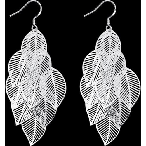 925 Sterling Silver Earrings for Woman fashion Jewelry Layered Hollow Leaves Tassel Long Drop earrings wedding party lady Gifts