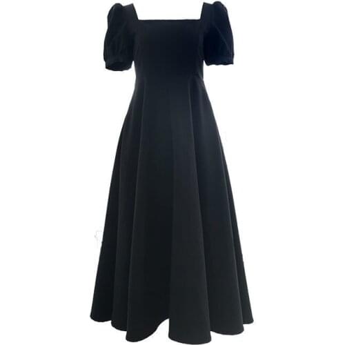 AECU Summer Woman Square Collar Long Dress Vintage Puff Dresses Lantern Sleeve Party Dress Elegant Ladies Black Dress Vestidos