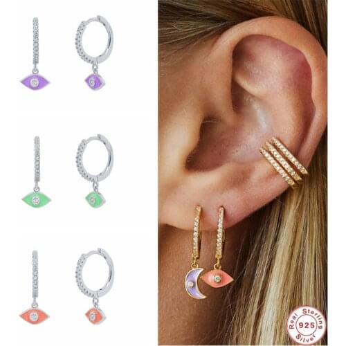 GS 925 Sterling Silver Colorful Enamel Evil Eyes Pendant Dangle Earrings For Women Cubic Zirconia Jeweled Circle Drop Earring