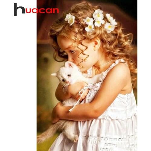 Huacan 5D Diamond Painting Full Square New Arrival Girl Cat Diamond Embroidery Mosaic Complete Kit Portrait Wall Decor