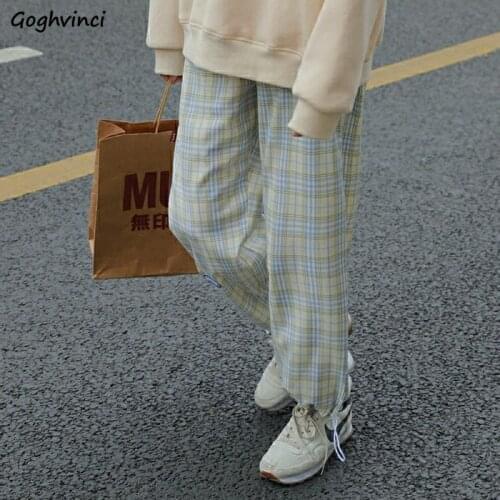 Casual Pants Women Plaid High Waist Loose Harajuku Students Preppy Style Drawstring Straight Trousers Drape All-match Adjustable