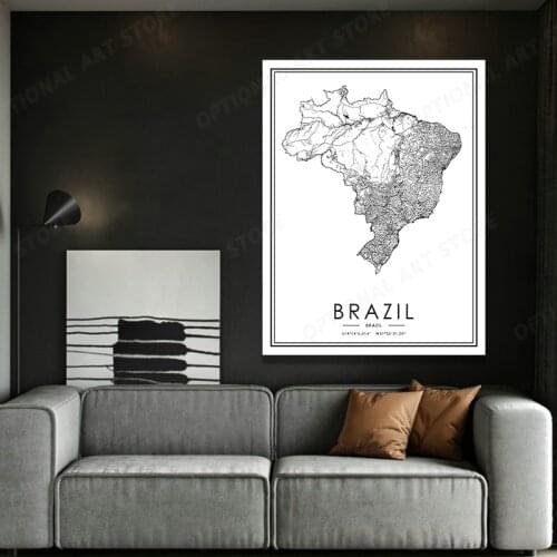 Black And White World City Map BRAZIL Wall Art Canvas Poster Prints Nordic Style Paintings Picture For Living Room