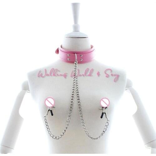 Adult Sex Products Pink Collar + Nipple Clamps Necklace Neck Bondage Restraints Clamps Stimulator Fetish Erotic Toys For Women