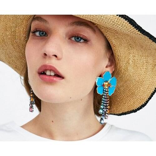 JURAN Women brand blue flower long crystal tassel dangle earrings fashion jewelry accessories Boho rhinestone ethnic earrings