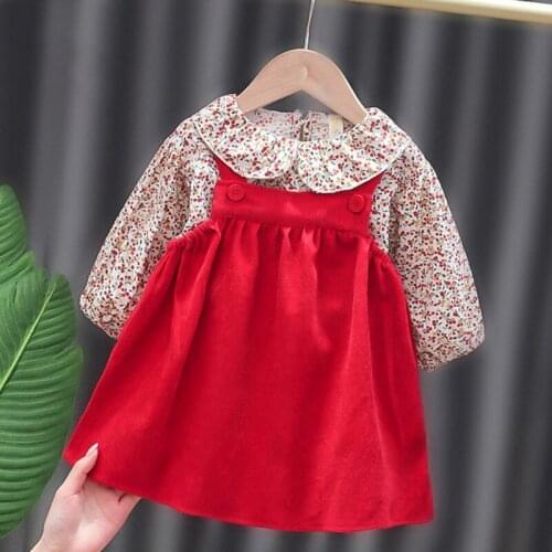Cute Baby Girl Clothes Set Floral Long-sleeve Doll Collar Top + Strap Dress New Spring Autumn Baby Dress Set