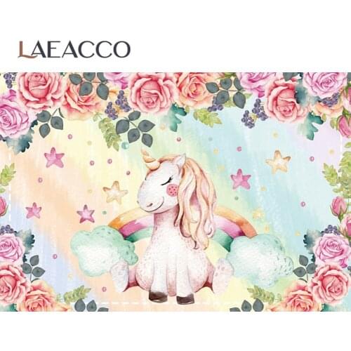 Laeacco Dreamy Sweet Unicorn Rainbow Star Flowers Birthday Party Baby Shower Customized Photo Backdrop Photography Background