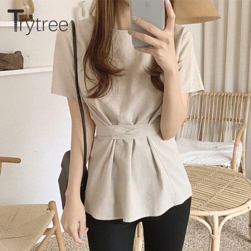 Trytree Summer Woman Casual T-shirt O-neck Cotton Linen Blended T-shirt Soft Bow Waist Solid Loose Office Lady Tops For Women