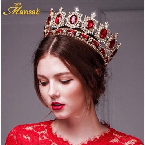 Mansati Luxurious Big Round Crown Red Rhinestone Gold Crowns and Tiaras Wedding Bridal Crystal Tiara Queen Crown Head Jewelry