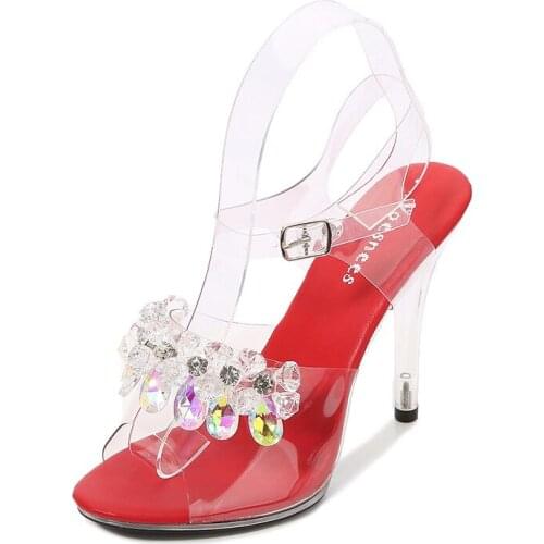 Mclubgirl Womens Red Crystal 35-43 Sexy Super High Heels 11CM High Nightclub Transparent Sandals Sexy Shoes Large Shoes LFD