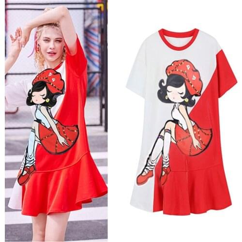 Cute summer dresses cartoon sequins appliques white and red casual dress women maxi beaded ruffles ladies dresses NS284
