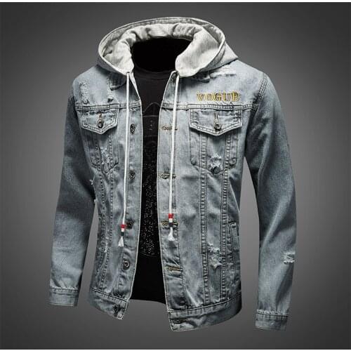 Fashion Brand Embroidered Hooded Denim Jacket Men Korean Style Trendy Ripped Loose Tooling Jacket Light Blue Jacket Coat XXL