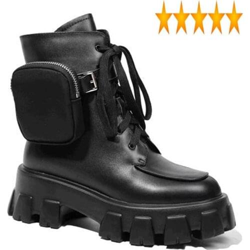 Fashion Autumn Biker Women 100% Genuine Leather Work Military Gothic Punk Black Platform Ankle Boots Female Shoes