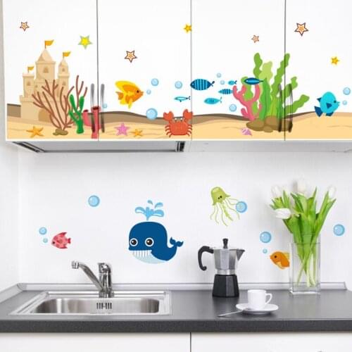 Cartoon Castle Underwater Shark Fish Bubble Height Wall Stickers For Kids Rooms Height Measure Chart Wall Decals Room Decor Gift