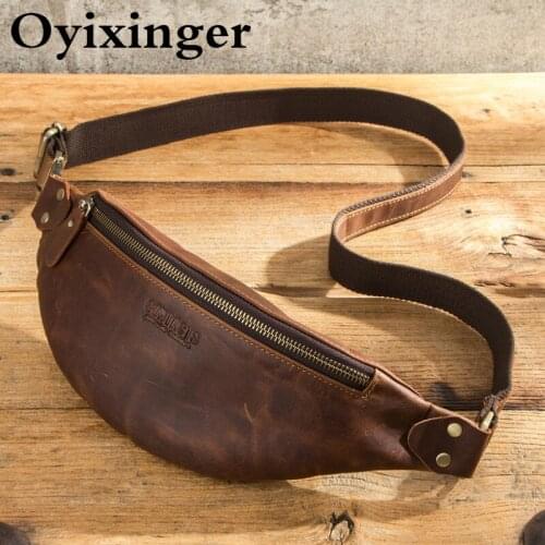 OYIXINGER Mens Crazy Horse Leather Waist Packs Multifunction Cowhide Leather Chest Bag High Quality Waist Bags Male Belt Bag