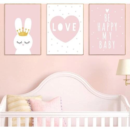 Love Heart Nursery Wall Art Canvas Poster Pink Rabbit Crown Bunny Print Quotes Art Painting Nordic Wall Pictures Baby Room Decor